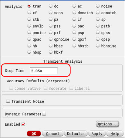 define tran simulation time in cadence