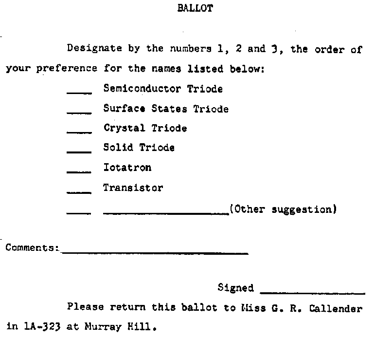 Ballot to cast vote on what to name this invention of semiconductor amplifier